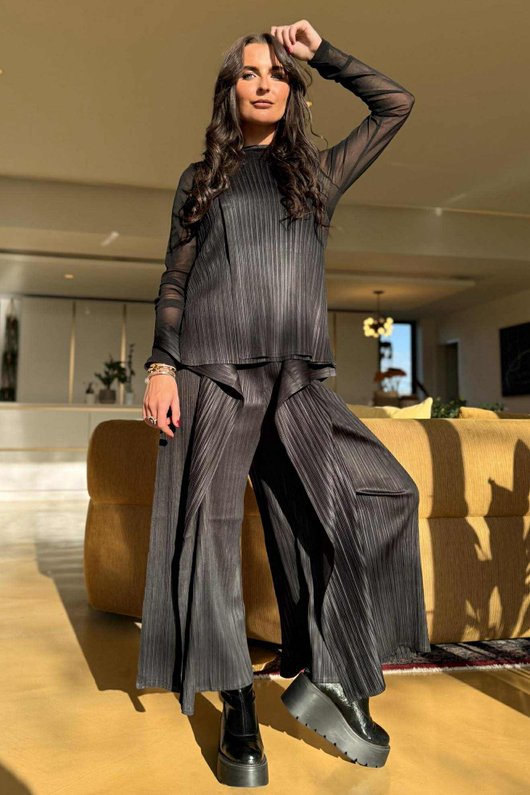 Presley Pleats Top & Pant Set Black